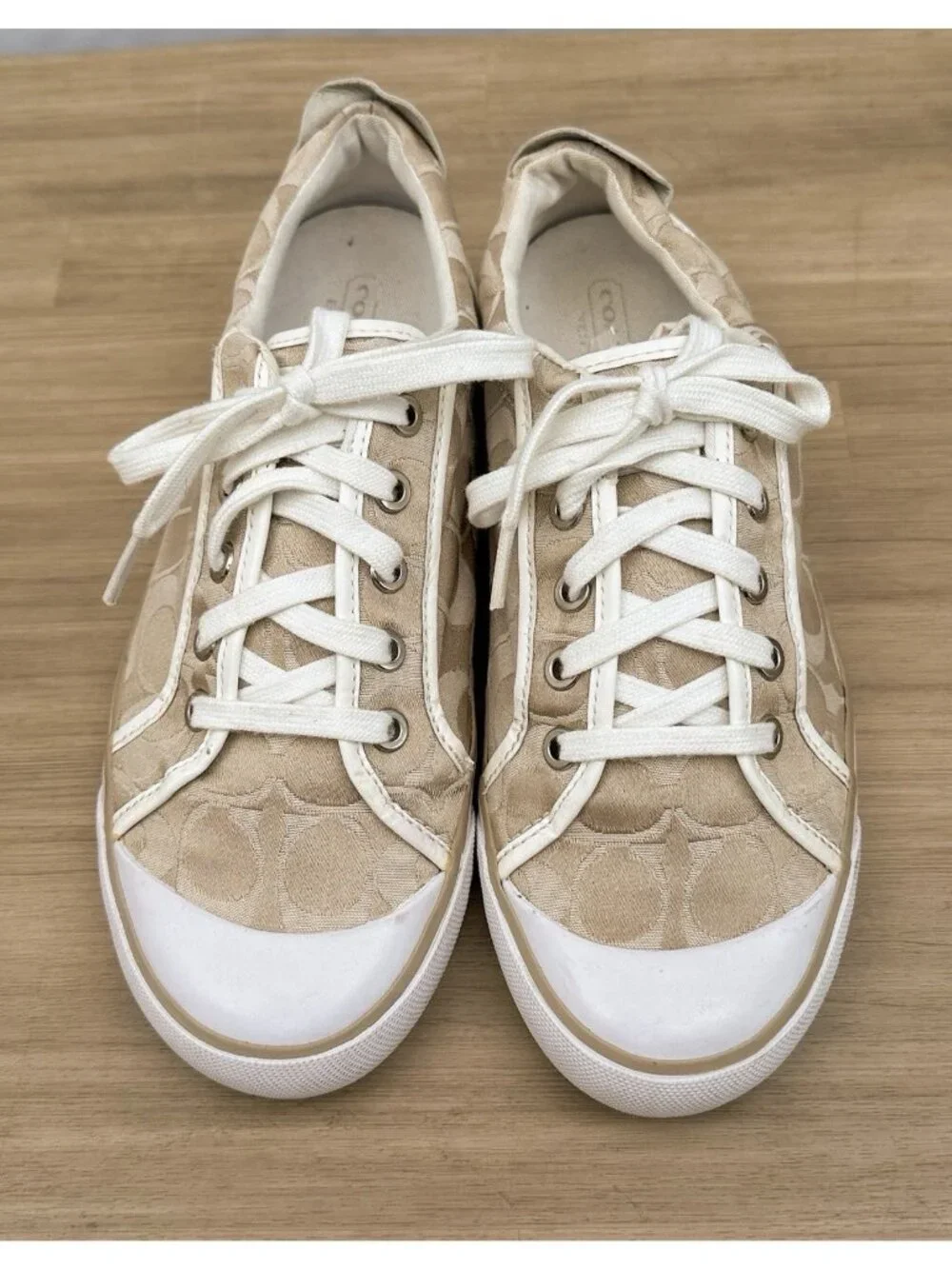 Coach Barrett A1081 Signature Jacquard Canvas Sneakers W 9.5 Khaki White Lace Up